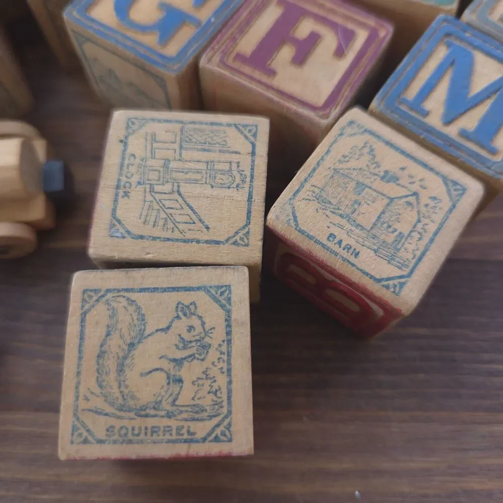 Vintage Wooden Alphabet Blocks & Train Set 20 Pc Learning Toy Nursery Decor